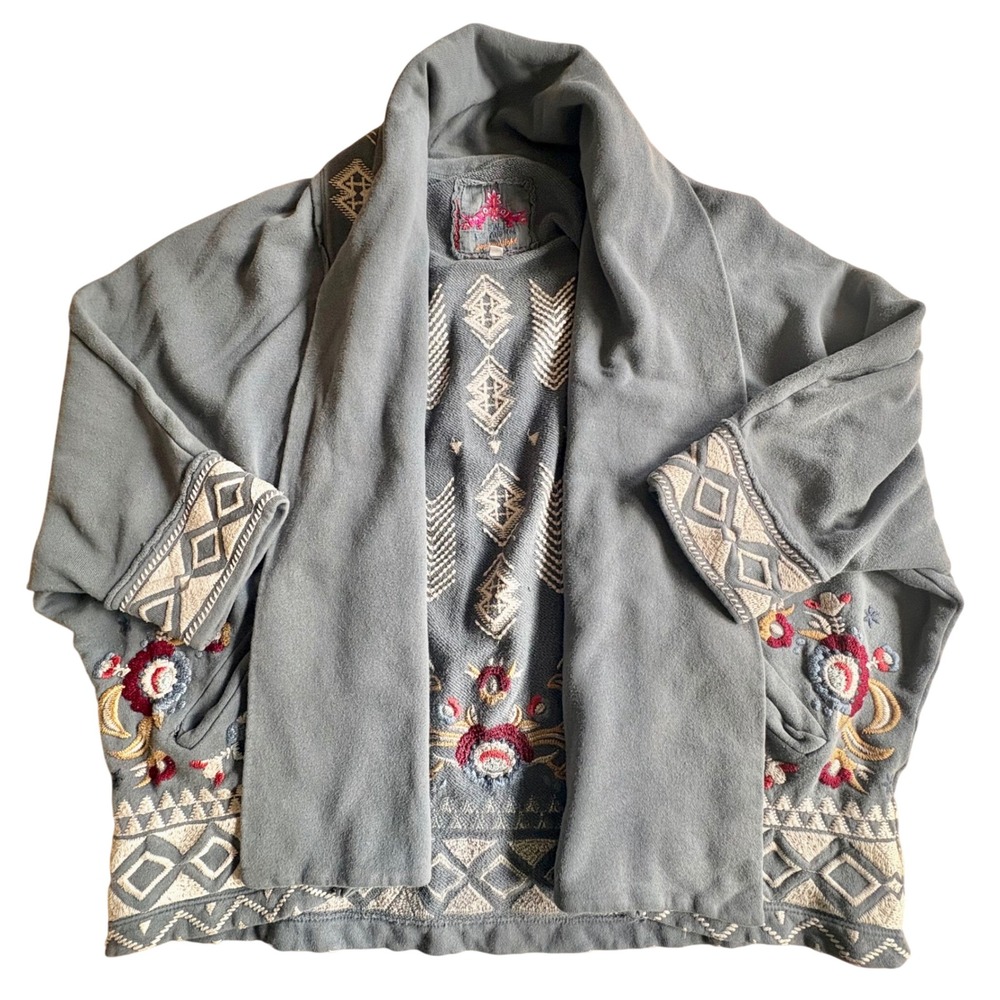$349 JW Los Angeles Johnny Was Embroidered Floral Cardigan Blue/Gray XS Cotton